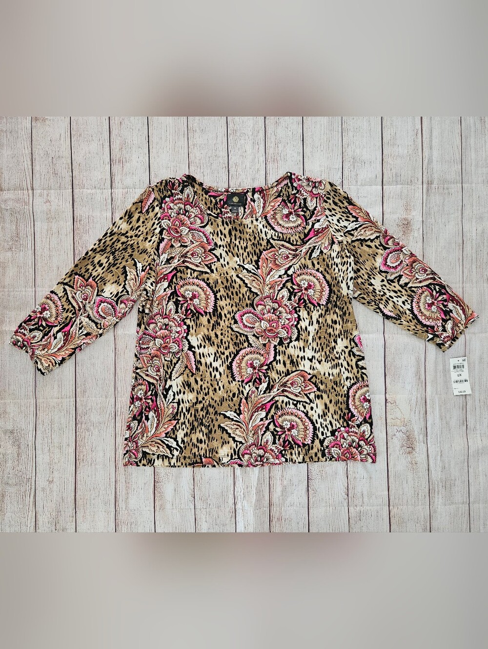 JM Collection Pink Floral & Tan Leopard Print Blouse